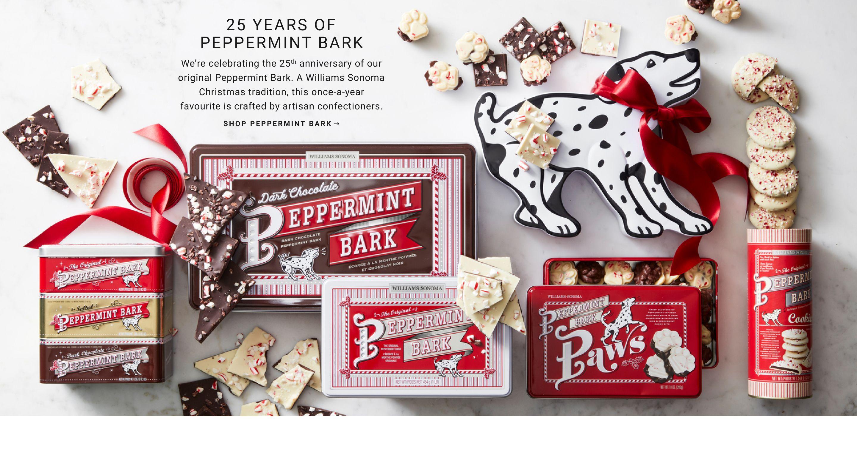 25 years of Peppermint Bark. | Our top-quality bark is made with a custom blend of Guittard chocolate and premium peppermint oil for a treat unlike any other. | Shop Peppermint Bark